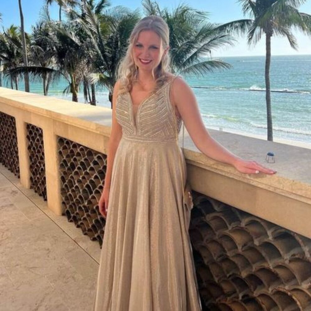 Stunning Champagne Prom / Gala / Formal Dress -Silver & Gold Gemstone Detailing